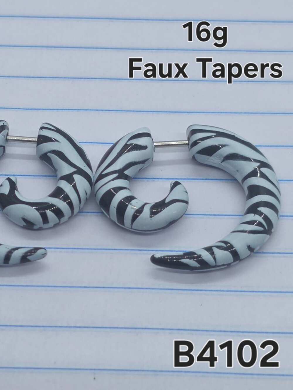 16g Black Acrylic Zebra Spiral Faux Taper Plugs Earrings B4101